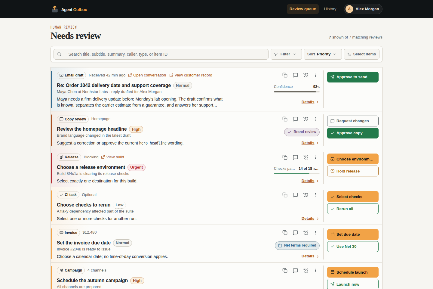 Agent Outbox review queue with pending requests and an open neighborhood permit review